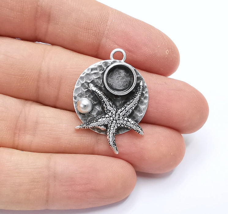 Silver Starfish Ball Pendant Bezel Blank Hammered Pendant Antique Silver Plated Blanks (8mm Blank) G26363