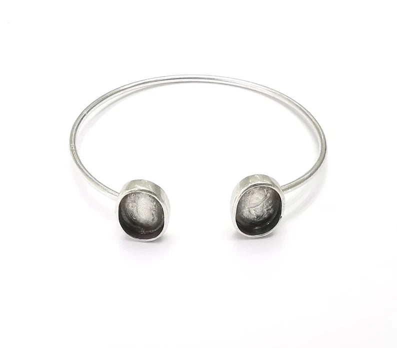 Silver Oval Bracelet Blanks Resin Cuff Dry Bezel Cabochon Base Adjustable Antique Silver Plated Brass (11x8mm Blanks) G26513