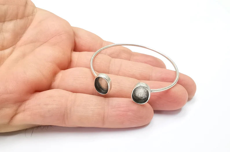 Silver Oval Bracelet Blanks Resin Cuff Dry Bezel Cabochon Base Adjustable Antique Silver Plated Brass (11x8mm Blanks) G26513