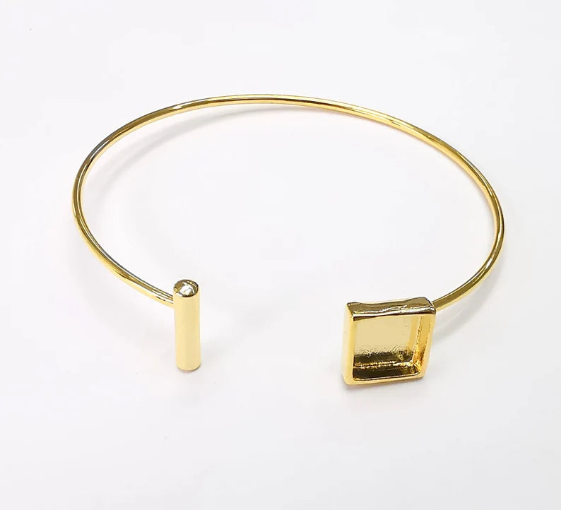 Shiny Gold Square Bracelet Blanks, Cuff Bezels Cabochon Bases Resin Mountings, Cuff Frame, Adjustable Gold Plated Brass(8mm bezel) G26515