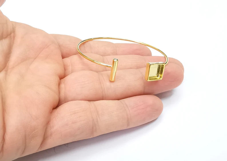 Shiny Gold Square Bracelet Blanks, Cuff Bezels Cabochon Bases Resin Mountings, Cuff Frame, Adjustable Gold Plated Brass(8mm bezel) G26515