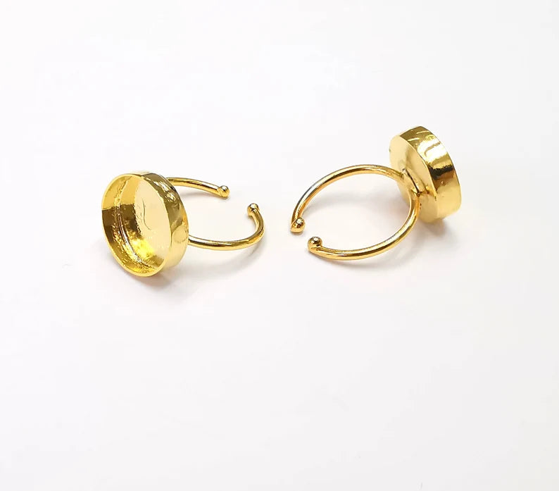 Shiny Gold Ring Bezels Ring Settings Resin Ring Backs Cabochon Mounting Gold Plated Brass Adjustable Ring Base (14mm blank) G26518