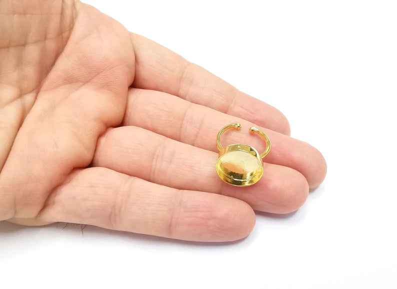 Shiny Gold Ring Bezels Ring Settings Resin Ring Backs Cabochon Mounting Gold Plated Brass Adjustable Ring Base (14mm blank) G26518