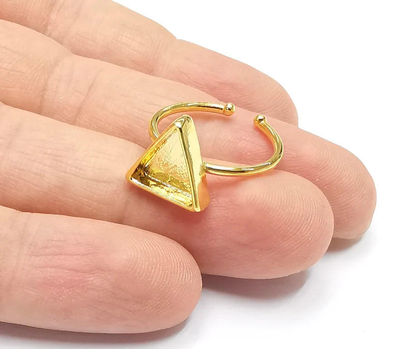 Shiny Gold Triangle Ring Bezels Ring Settings Resin Ring Backs Cabochon Mounting Gold Plated Brass Adjustable Ring Base (10mm blank) G26523