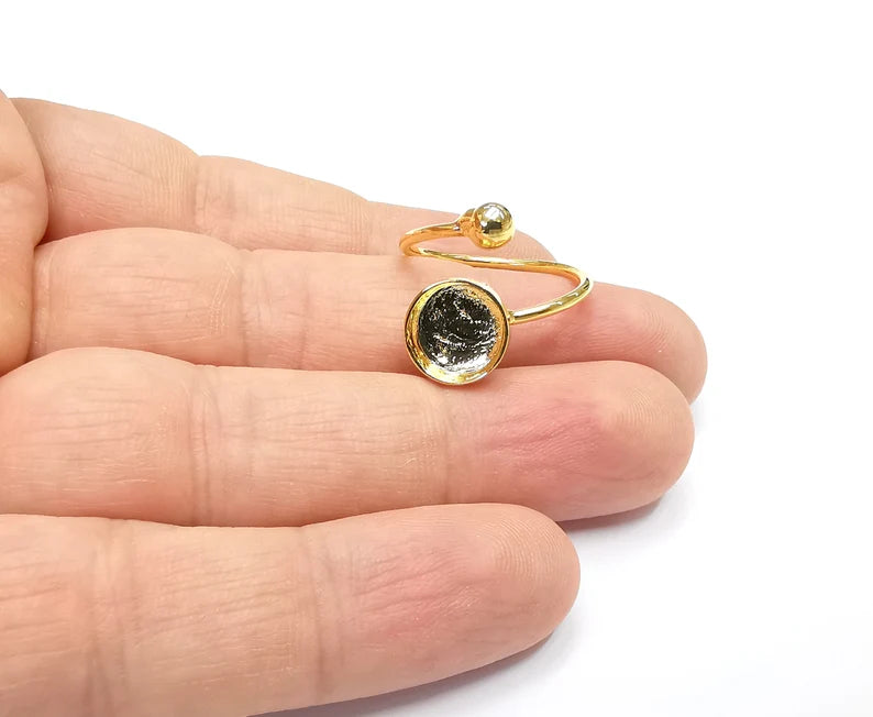 Shiny Gold Ball Head Ring Bezels Ring Settings Resin Ring Backs Cabochon Mounting Gold Plated Brass Adjustable Ring Base (10mm blank) G26524
