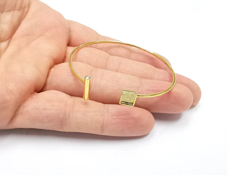 Shiny Gold Square Bracelet Blanks, Cuff Bezels Cabochon Bases Resin Mountings, Cuff Frame, Adjustable Gold Plated Brass (6mm bezel) G26526