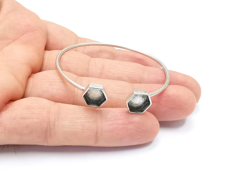 Silver Hexagon Bracelet Blanks Resin Cuff Dry Bezel Cabochon Base Adjustable Antique Silver Plated Brass (8mm Blanks) G26533