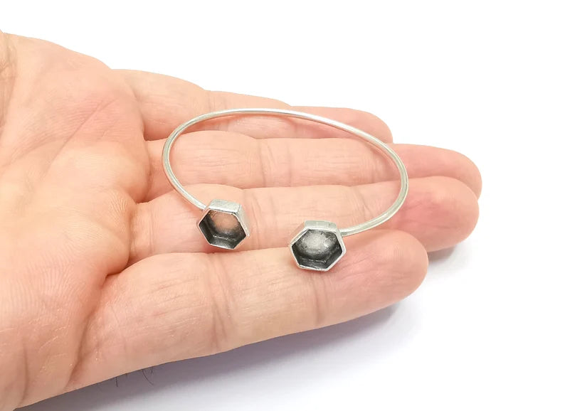 Silver Hexagon Bracelet Blanks Resin Cuff Dry Bezel Cabochon Base Adjustable Antique Silver Plated Brass (8mm Blanks) G26533