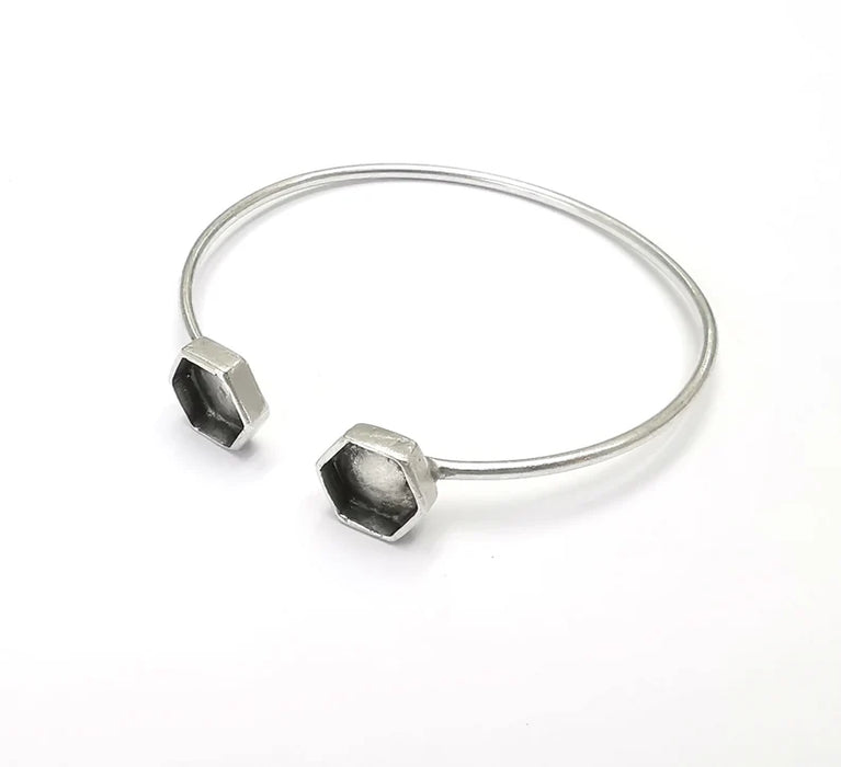 Silver Hexagon Bracelet Blanks Resin Cuff Dry Bezel Cabochon Base Adjustable Antique Silver Plated Brass (8mm Blanks) G26533