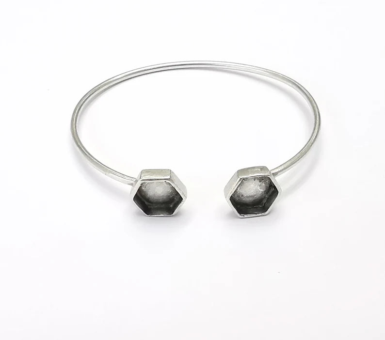 Silver Hexagon Bracelet Blanks Resin Cuff Dry Bezel Cabochon Base Adjustable Antique Silver Plated Brass (8mm Blanks) G26533