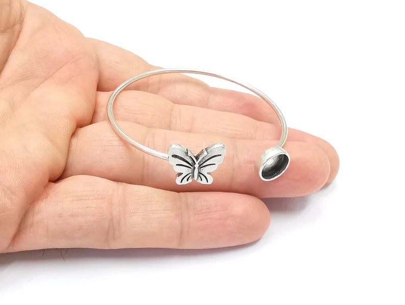 Silver Butterfly Bracelet Blanks Resin Cuff Dry Bezel Cabochon Base Adjustable Antique Silver Plated Brass (8mm Blanks) G26534