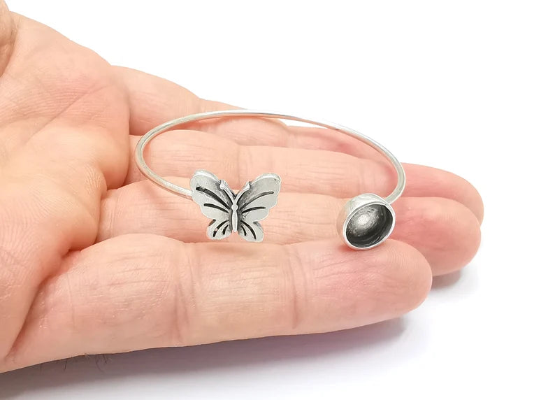 Silver Butterfly Bracelet Blanks Resin Cuff Dry Bezel Cabochon Base Adjustable Antique Silver Plated Brass (8mm Blanks) G26534
