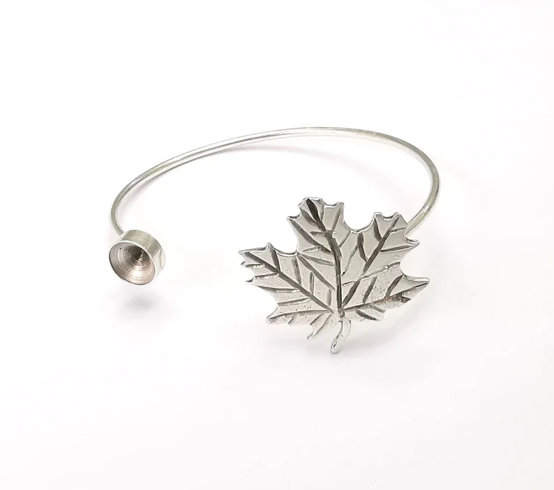 Silver Maple Leaf Bracelet Blanks Resin Cuff Dry Bezel Cabochon Base Adjustable Antique Silver Plated Brass (8mm Blanks) G26538