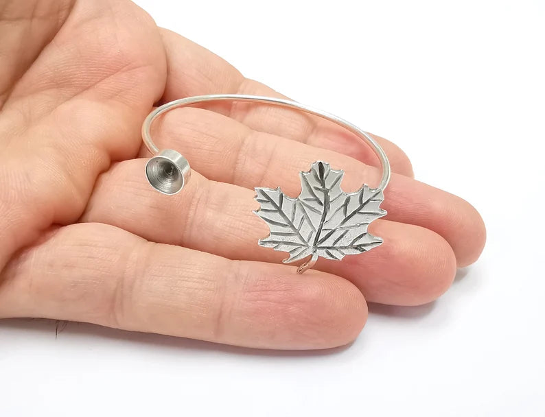 Silver Maple Leaf Bracelet Blanks Resin Cuff Dry Bezel Cabochon Base Adjustable Antique Silver Plated Brass (8mm Blanks) G26538
