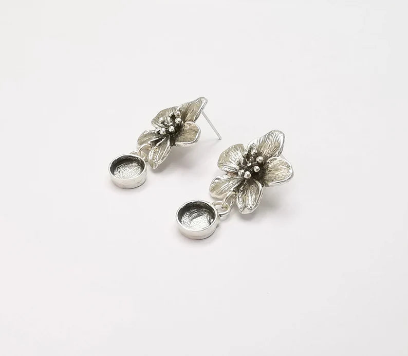 1 Pairs Flower silver dangle earring set base wire Antique silver plated brass earring base (35mm)(8mm blank) G26365