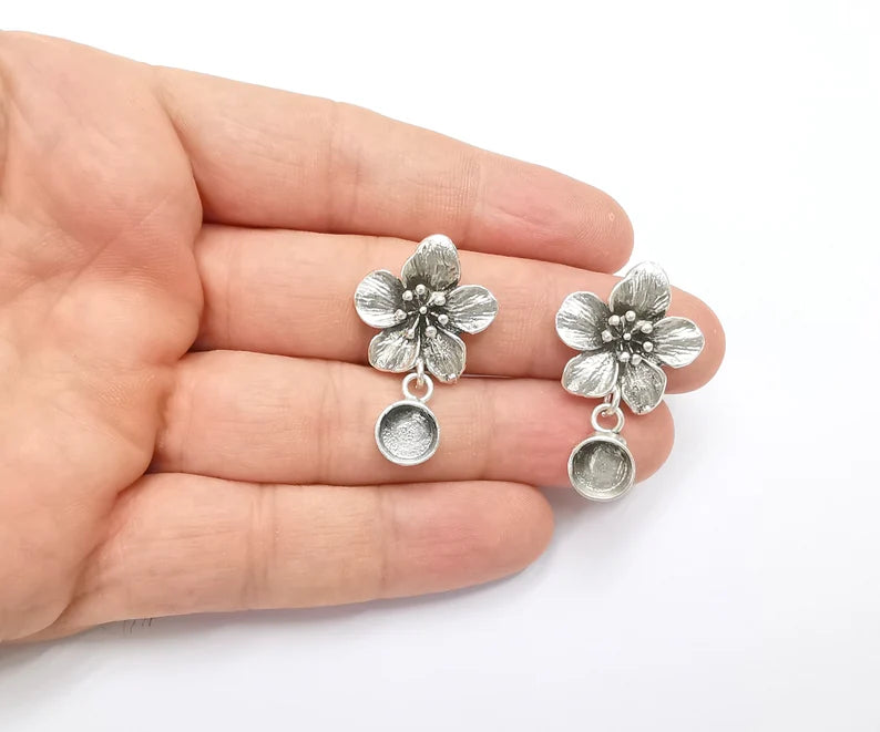 1 Pairs Flower silver dangle earring set base wire Antique silver plated brass earring base (35mm)(8mm blank) G26365