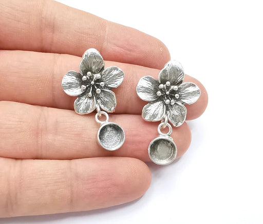 1 Pairs Flower silver dangle earring set base wire Antique silver plated brass earring base (35mm)(8mm blank) G26365