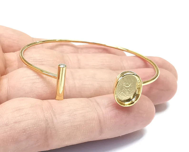 Rod Oval Bracelet Blanks, Cuff Bezels Cabochon Bases Resin Mountings, Cuff Frame, Adjustable Shiny Gold Plated Brass (13x10mm bezel) G26545