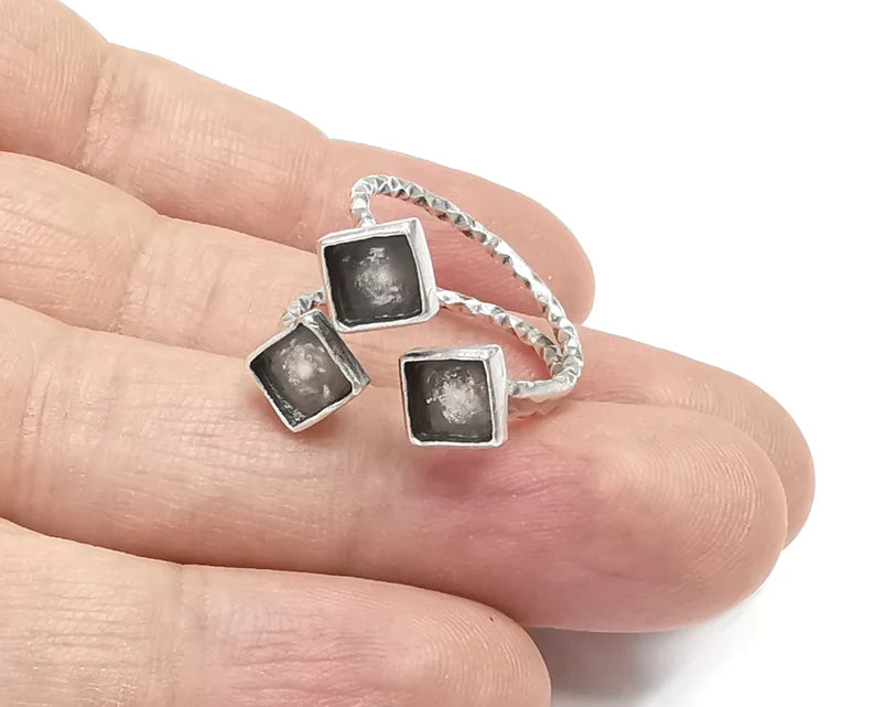 Textured Square Silver Ring Setting Blank Cabochon Mounting Adjustable Ring Base Bezel Antique Silver Plated Brass (6 mm) G26546