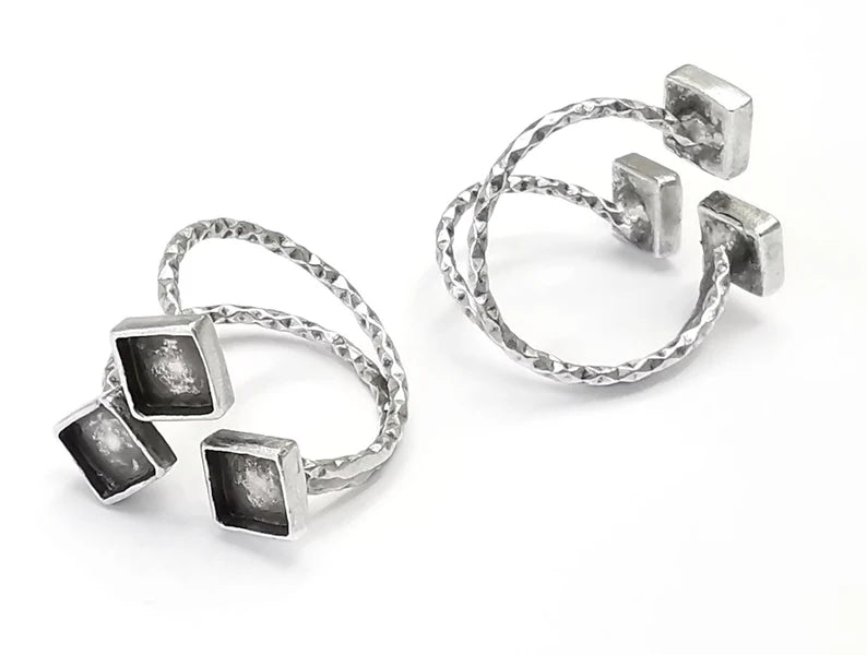 Textured Square Silver Ring Setting Blank Cabochon Mounting Adjustable Ring Base Bezel Antique Silver Plated Brass (6 mm) G26546