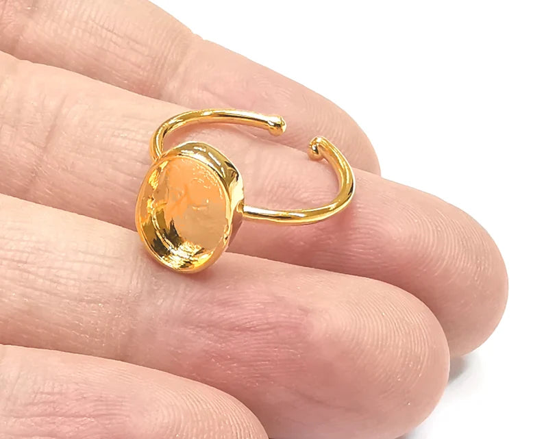 Oval Shiny Gold Ring Bezels Ring Settings Resin Ring Backs Cabochon Mounting Gold Plated Brass Adjustable Ring Base (11x8mm blank) G26549