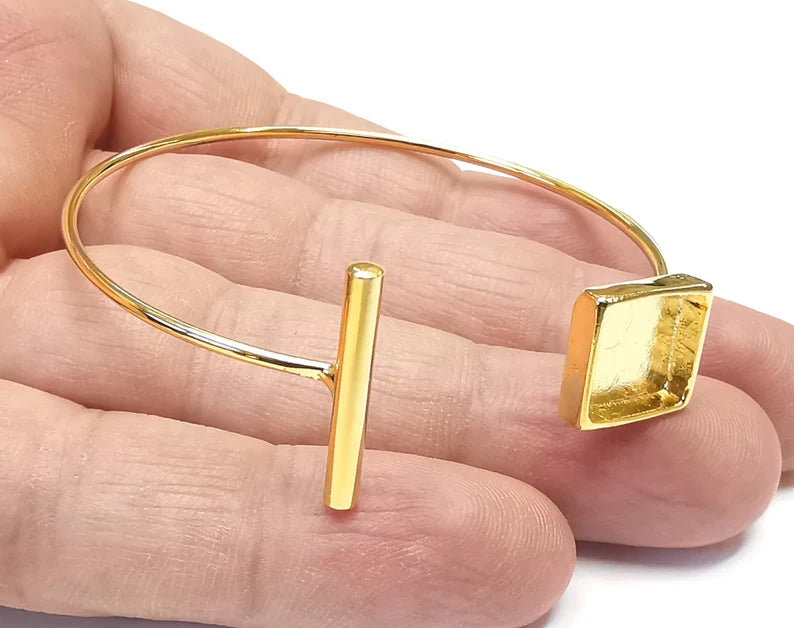 Rod Square Bracelet Blank Cuff Bezels Cabochon Bases Resin Mountings, Cuff Frame Adjustable Shiny Gold Plated Brass (10mm bezel) G26551