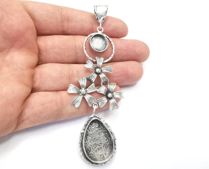 Flowers pendant base setting bezel blank Antique silver plated brass pendant (108mm) G26369