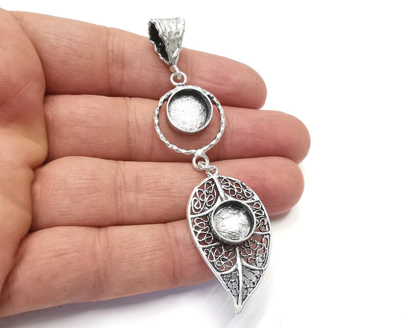 Filigree leaf pendant base setting bezel blank Antique silver plated brass pendant (85mm) G26370