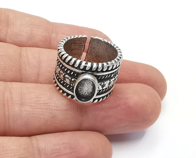 Ethnic silver ring blank base bezel settings Cabochon base mountings Adjustable (9x6mm Blank) , Antique Silver Plated Brass G26373
