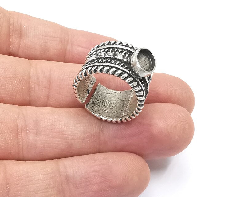 Ethnic silver ring blank base bezel settings Cabochon base mountings Adjustable (9x6mm Blank) , Antique Silver Plated Brass G26373