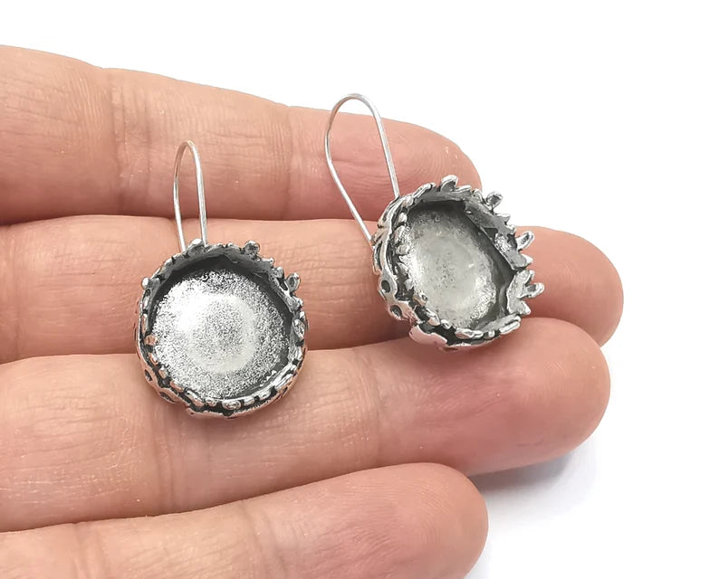 Ethnic round earring blank base settings silver resin cabochon inlay blank mountings Antique silver plated brass (16mm blanks) 1 Set G26375
