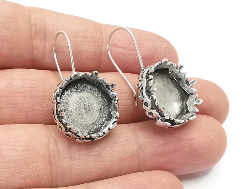 Ethnic round earring blank base settings silver resin cabochon inlay blank mountings Antique silver plated brass (16mm blanks) 1 Set G26375