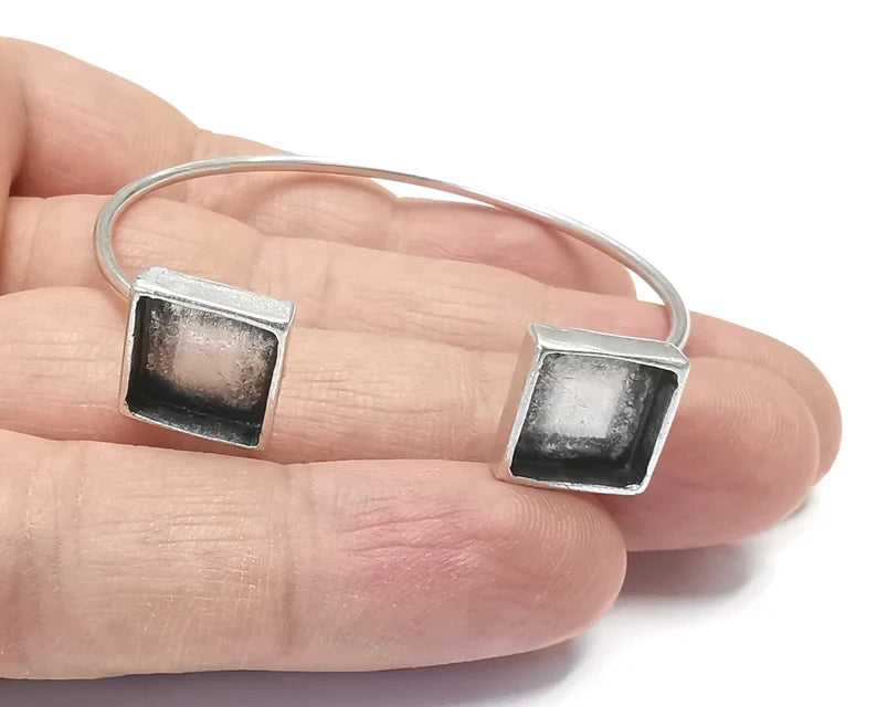 Square Bracelet Blank Resin Cuff Dry Bezel Cabochon Base Adjustable Antique Silver Plated Brass (10mm Blank) G26553