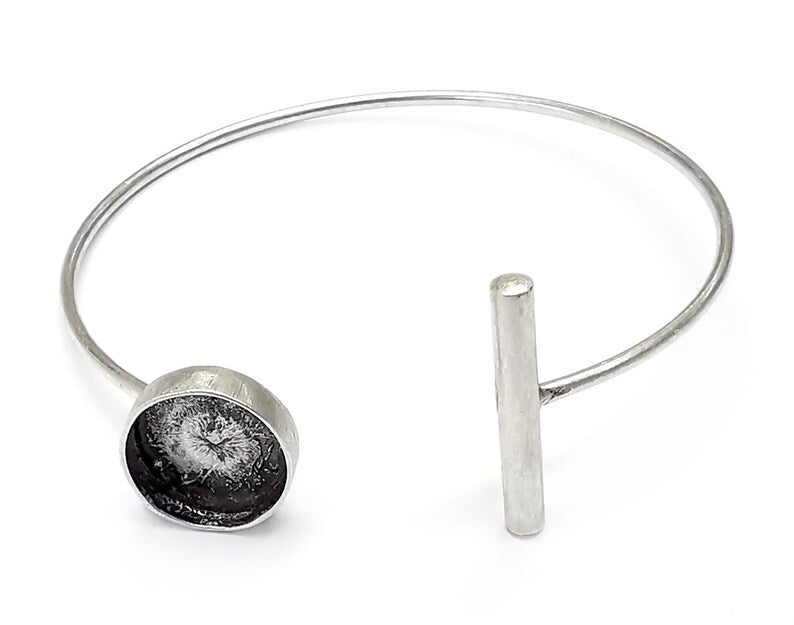 Rod Bracelet Blank Resin Cuff Dry Bezel Cabochon Base Adjustable Antique Silver Plated Brass (10mm Blank) G26554