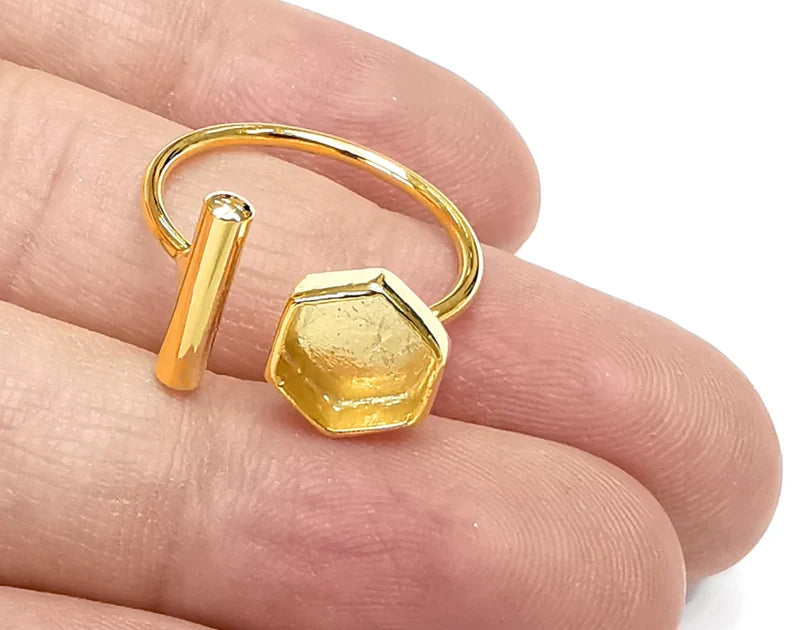 Rod Hexagonal Shiny Gold Ring Bezels Settings Resin Backs Cabochon Mounting Gold Plated Brass Adjustable Ring Base (8mm blank) G26555