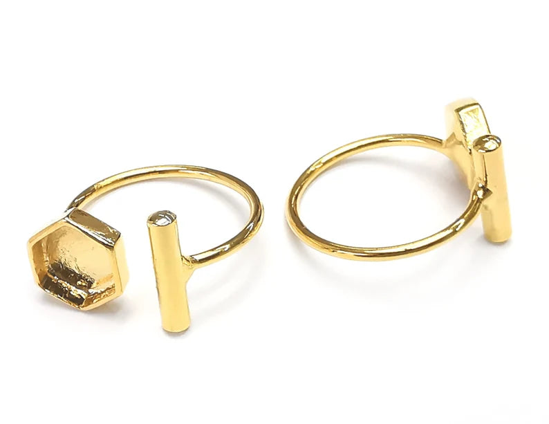 Rod Hexagonal Shiny Gold Ring Bezels Settings Resin Backs Cabochon Mounting Gold Plated Brass Adjustable Ring Base (8mm blank) G26555