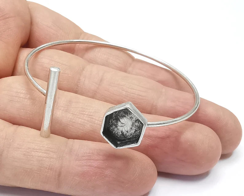 Rod Hexagonal Bracelet Blank Resin Cuff Dry Bezel Cabochon Base Adjustable Antique Silver Plated Brass (10 mm Blank) G26556