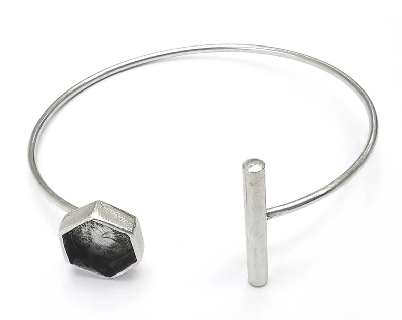 Rod Hexagonal Bracelet Blank Resin Cuff Dry Bezel Cabochon Base Adjustable Antique Silver Plated Brass (10 mm Blank) G26556