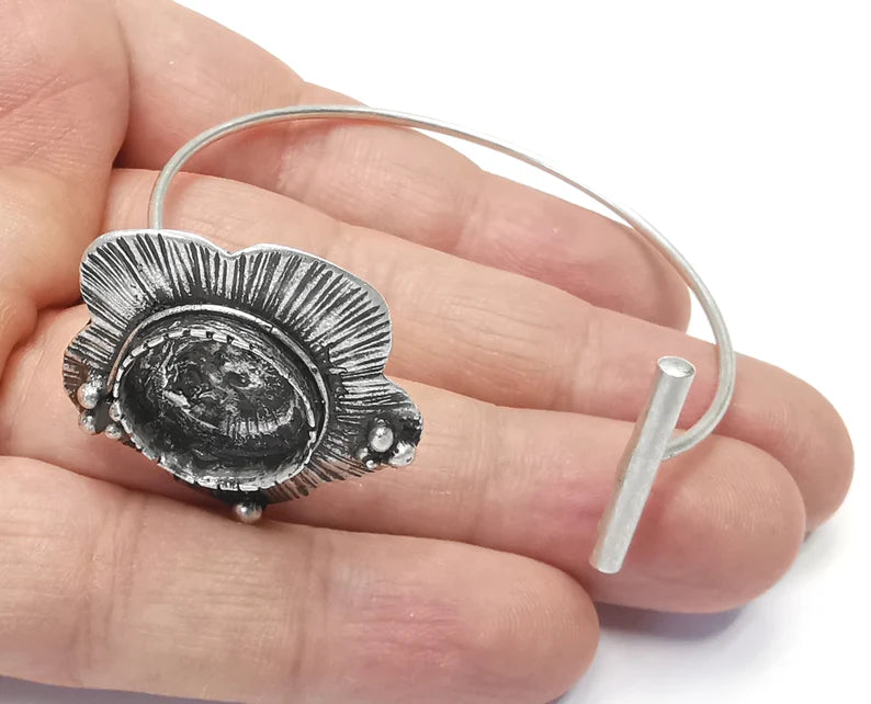 Flower Silver Bracelet Blank Cuff Bezel Cabochon Base Resin Mountings Adjustable Antique Silver Plated Brass (16mm Blank) G26557