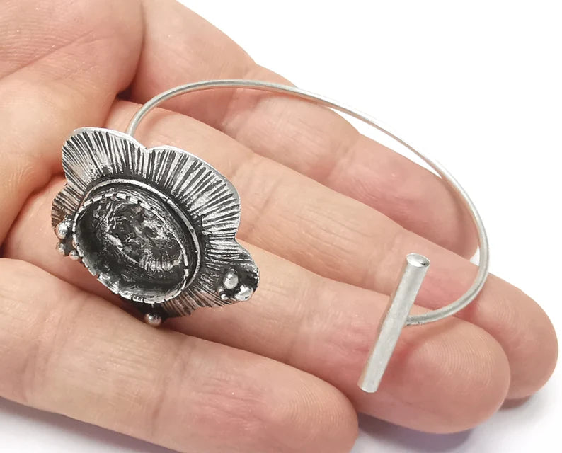 Flower Silver Bracelet Blank Cuff Bezel Cabochon Base Resin Mountings Adjustable Antique Silver Plated Brass (16mm Blank) G26557