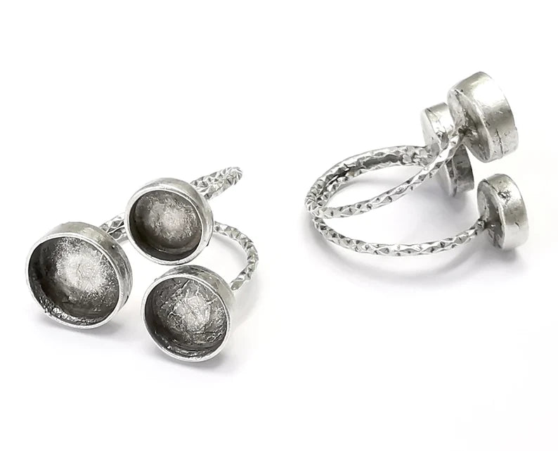 Textured Round Silver Ring Setting Blank Cabochon Mounting Adjustable Ring Base Bezel Antique Silver Plated Brass (12-10-8 mm) G26558