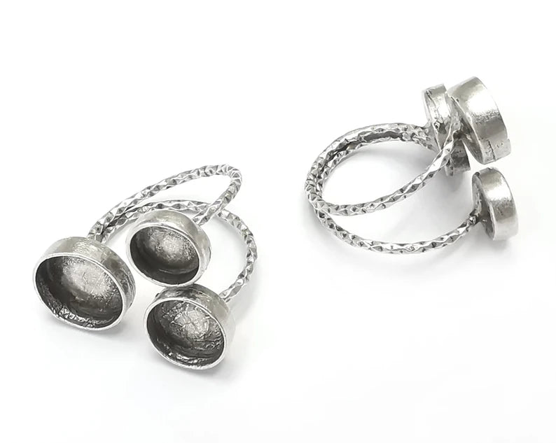 Textured Round Silver Ring Setting Blank Cabochon Mounting Adjustable Ring Base Bezel Antique Silver Plated Brass (12-10-8 mm) G26558