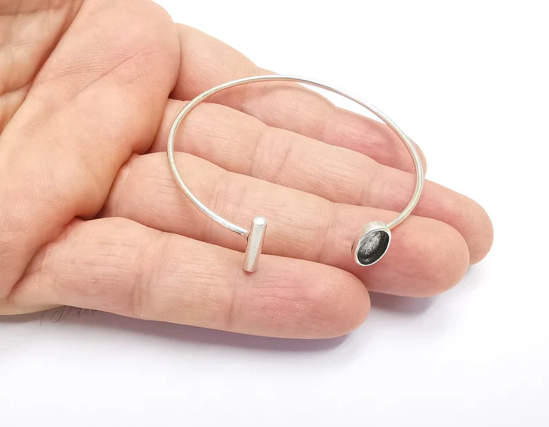Rod Oval Bracelet Blank Resin Cuff Dry Bezel Cabochon Base Adjustable Antique Silver Plated Brass (9x6mm Blank) G26566