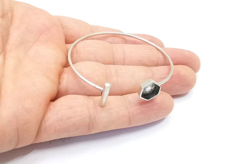 Rod Hexagonal Bracelet Blank Resin Cuff Dry Bezel Cabochon Base Adjustable Antique Silver Plated Brass (8mm Blank) G26570