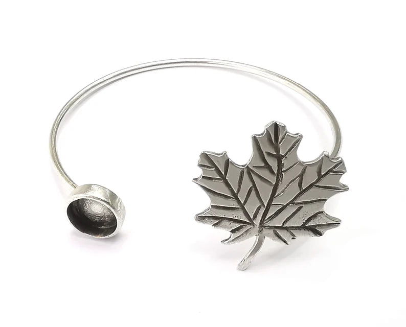 Silver Maple Leaf Bracelet Blanks Resin Cuff Dry Bezel Cabochon Base Adjustable Antique Silver Plated Brass (8mm Blank) G26572