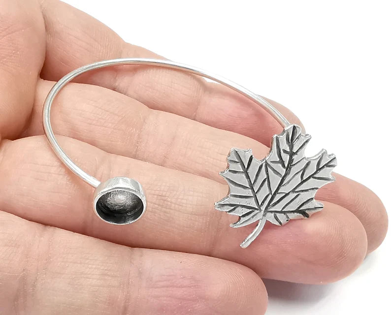 Silver Maple Leaf Bracelet Blanks Resin Cuff Dry Bezel Cabochon Base Adjustable Antique Silver Plated Brass (8mm Blank) G26572