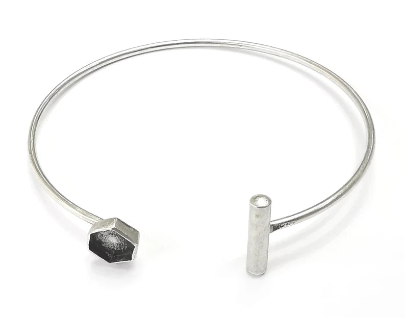 Rod Hexagonal Bracelet Blank Resin Cuff Dry Bezel Cabochon Base Adjustable Antique Silver Plated Brass (6mm Blank) G26574