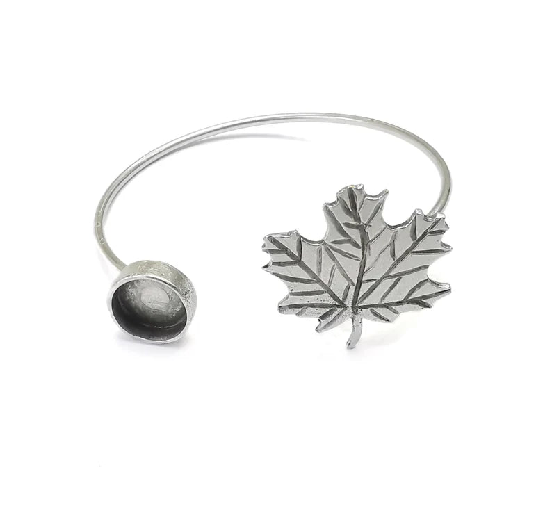 Silver Maple Leaf Bracelet Blanks Resin Cuff Dry Bezel Cabochon Base Adjustable Antique Silver Plated Brass (10mm Blank) G26576