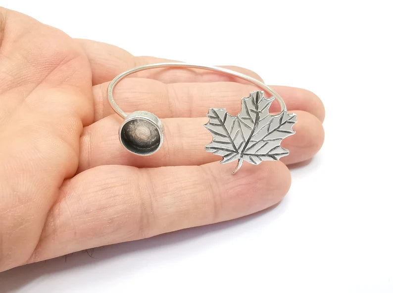 Silver Maple Leaf Bracelet Blanks Resin Cuff Dry Bezel Cabochon Base Adjustable Antique Silver Plated Brass (10mm Blank) G26576