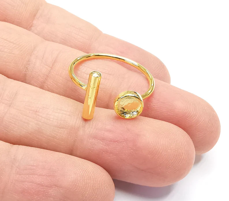 Shiny Gold Rod Ring Bezels Settings Resin Backs Cabochon Mounting Gold Plated Brass Adjustable Ring Base (6mm blank) G26577